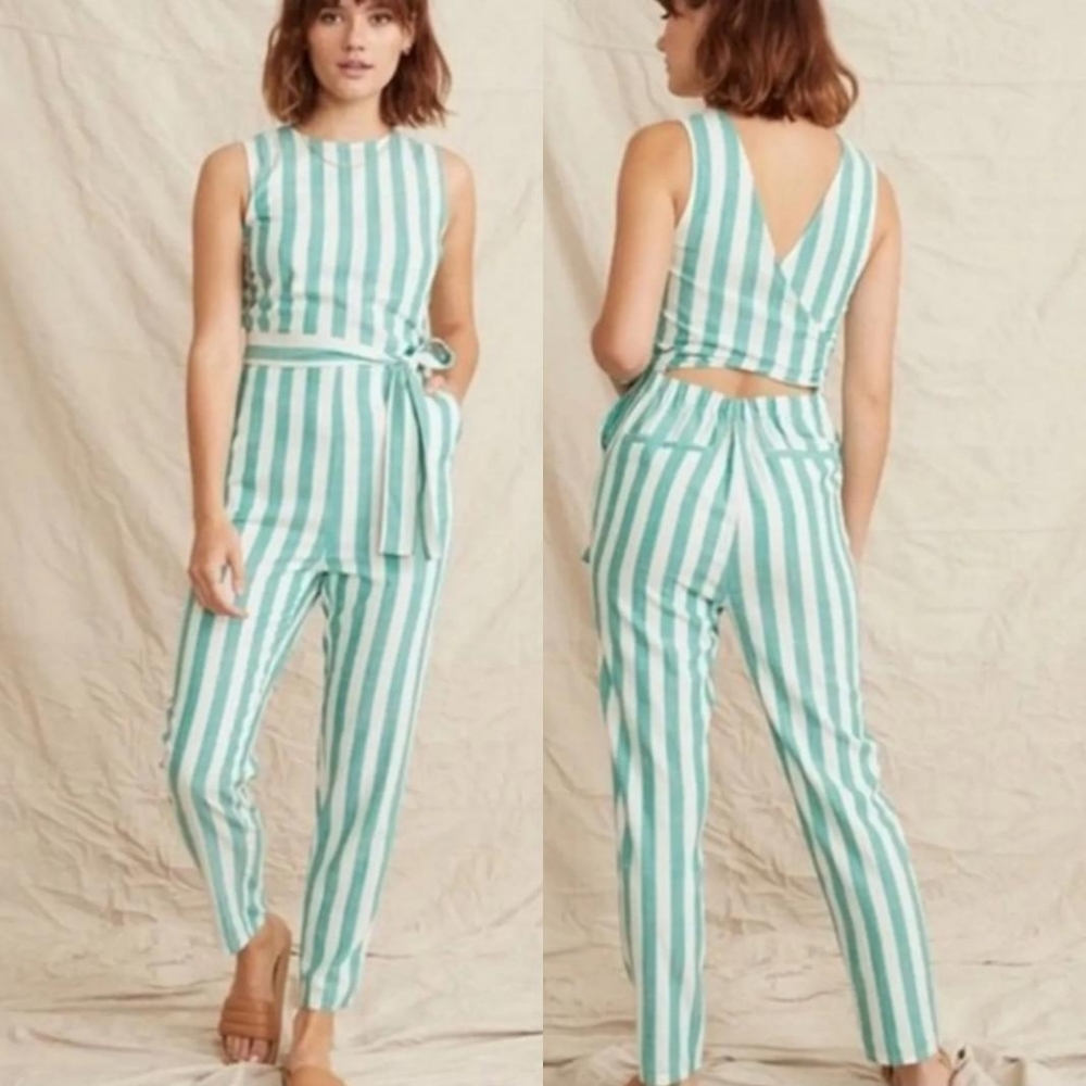 Marine Layer eloise stripe jumpsuit in green lake & white